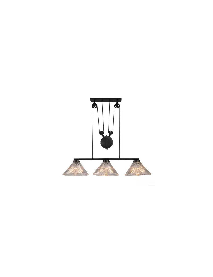 Industrial Pulley triple pendant lamp with Edison bulbs Pottery Barn black color front view Industrial Pulley triple pendant lamp with Edison bulbs Pottery Barn black color front view