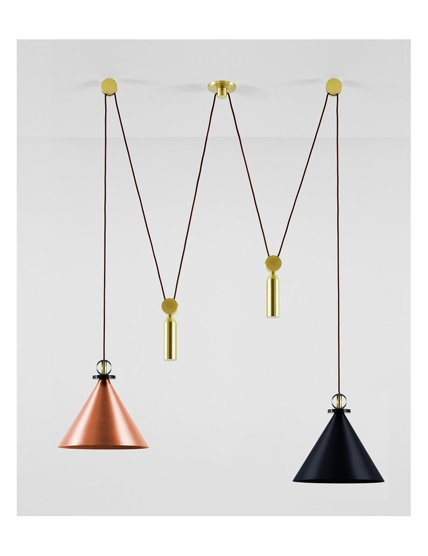 Shape Up Pendant lamp Double cone+cylinder Roll & Hill black & copper color front view Shape Up Pendant lamp Double cone+cylinder Roll & Hill black & copper color front view