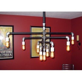 Industrial Iron Pipe pendant lamp 9 bulbs black color front view