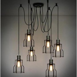Cage Industrial light Chandelier with Edison bulbs Pottery Barn black color 6 lights front view