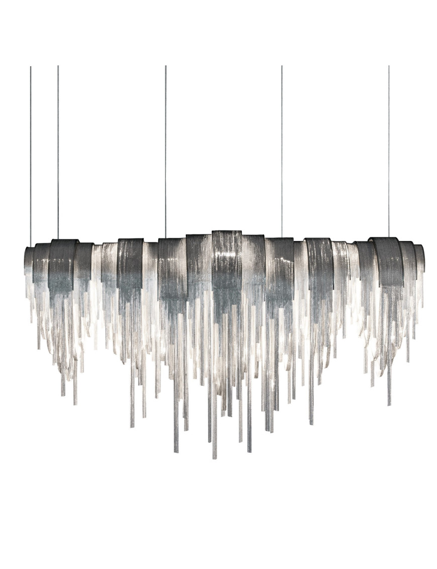 Volver Linear LED chandelier Terzani chrome color L250cm front view Volver Linear LED chandelier Terzani chrome color L250cm front view