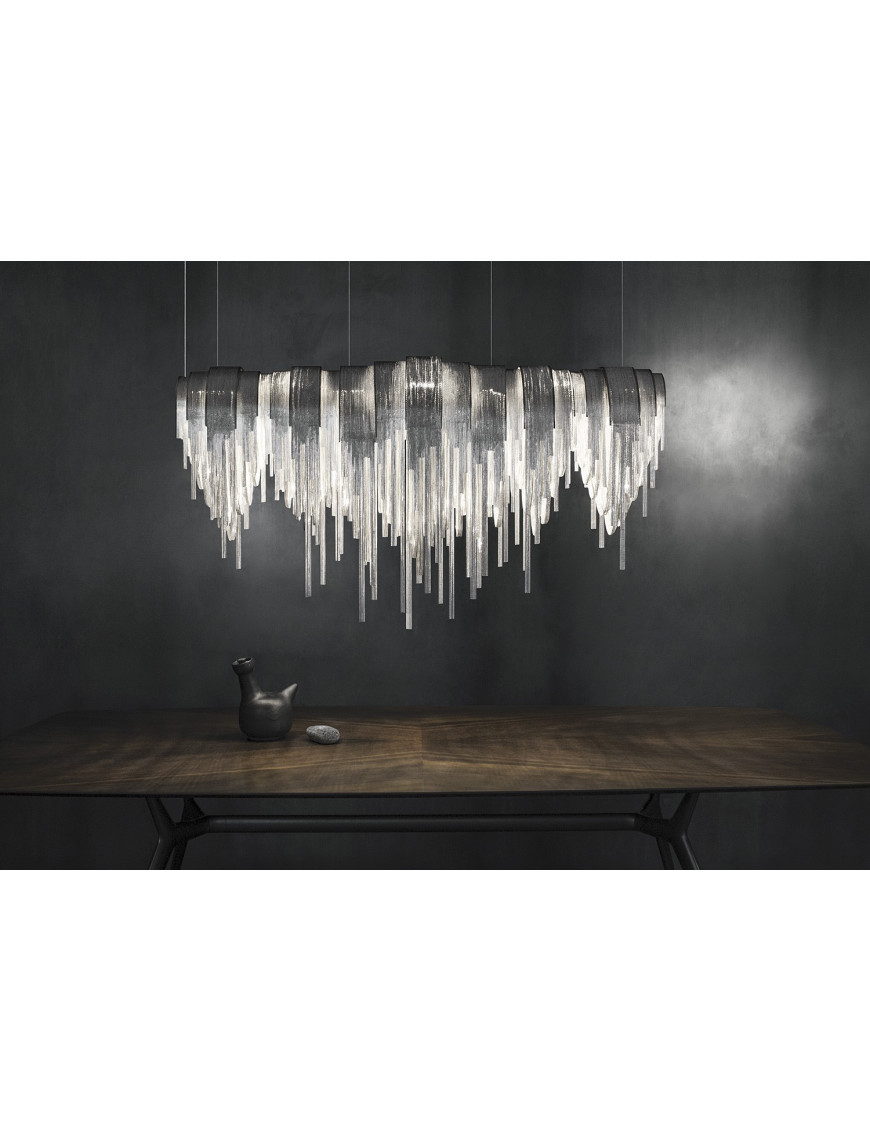 Volver Linear LED chandelier Terzani chrome color L200cm side view Volver Linear LED chandelier Terzani chrome color L200cm side view